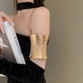 Wide golden cuff bracelet with woven texture on model's arm for elegant style - Woven Texture Armlet Large (40#)