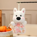 Cute white puppy plush charm wearing a pink floral outfit with a green clip hook - Westie