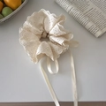 Elegant cream lace hair scrunchie with long ribbons and delicate floral embroidery - Adjustable Lace Ribbon Style / Beige