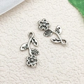 Set of two vintage silver flower and leaf alloy charms for DIY jewelry making - Five-petal Flower Branch / 10x20mm