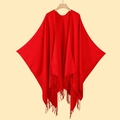 Classic red knitted tassel shawl cape for women, versatile pashmina style on wooden hanger - Red