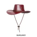 Classic burgundy PU leather western cowboy hat with wide brim and woven brown band - One Size (54-58CM) / Burgundy