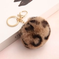 Faux rabbit fur keychain with leopard print pom-pom and gold-plated metal hardware - Leopard Print 24 Light Brown / Elastic Band (No Hardware)