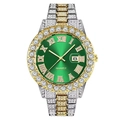 Macro shot of hip hop iced-out watch showing green dial and calendar date window - Two-Tone Case Green Dial