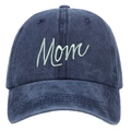 Detail of light green Mom script embroidery on a washed navy blue cotton baseball cap - Washed Dark Blue Mom Embroidery Baseball Cap