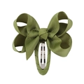 Close-up of olive green grosgrain ribbon bow hair clip with durable metal snap fastener - Olive Green