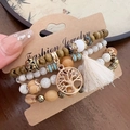 Bohemian multi-layer sandalwood beaded bracelet with tree of life charm and tassels - White