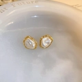 Golden baroque four-petal earrings with irregular white pearl inlay for women - 12# 925 Sterling Silver Earring Post - Gold Pleated Artificial Pearl