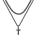 Double-layered black metal curb and rope chain necklace with simple cross pendant for men - Double Layer / Black