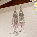 Vintage silver flower tassel earrings with pink teardrop gems and colorful rhinestones - Vintage Pink Flower Glass Teardrop Tassel Ear Hooks