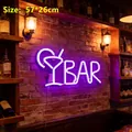 Purple BAR neon sign with cocktail glass design for pub wall decor, size 57x26cm - Battery and USB Powered / Purple