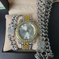 Men's hip hop jewelry set with gold-silver iced out watch and Cuban link chains - White Watch + Silver Bracelet and Necklace
