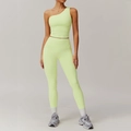 Lime green yoga set with one-shoulder sports bra and high-waisted pocket leggings - S / Light Yellow Green (Tank+Pants)