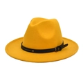 Detail of yellow wool fedora hat featuring a black leather band with a bronze metal buckle - Yellow