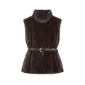 Gilet in ecopelliccia marrone scuro con collo alto e cintura in pelle autunno inverno - Marrone