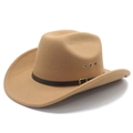 Detail of wide brim cowboy hat featuring brown leather band and metallic eyelets - M (56-58cm) / Camel