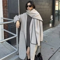 Minimalist long light grey wool coat with black trim and matching scarf set in urban style - S / Light Gray