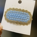 Handmade light blue crochet hair clip with gold trim on display card - 16# Gold Thread Oval Blue