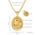 Vue détaillée du pendentif Vierge Marie en acier doré 18 carats avec dimensions - Pendentif Ovale Vierge et Enfant + Chaîne Box Carrée / Doré