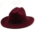Classic burgundy wool felt fedora hat featuring a black leather band with metal rivets - M (56-58cm) / Burgundy