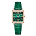 Elegant women's square quartz watch with green leather strap and rose gold metal case - Green