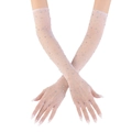 Detailed view of long white fishnet gloves with sparkling rhinestones on model arms - Rhinestone Fingerless / White