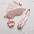 Three-piece light pink satin sleep set with silk eye mask, scrunchie and headband - Champagne Pink