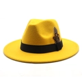 Detail of bright yellow wool felt fedora with black ribbon band and decorative feathers - M (56-58cm) / Yellow