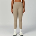 Hoch taillierte Khaki-Yogahose mit weißem Taillenakzent und hochelastischem Gewebe - Leinen