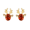 Elegant reindeer stud earrings with red oval gemstones and golden antlers for Christmas - Gold-Bright Red Crystal