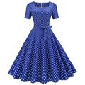 French vintage blue polka dot dress with square neck, puff sleeves and belted waist - Sapphire Blue