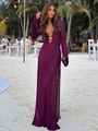 Elegant deep purple long sleeve crochet beach maxi dress with a sexy backless design - Purple