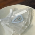 Sweet heart hair clip with colorful rhinestones and lace bow on a ceramic plate - Lace Rhinestone Edge Heart Duckbill Clip / Blue