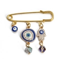 Gold Hamsa Hand and blue Evil Eye safety pin brooch with sparkling rhinestone accents - Pin with Rhinestone Eye Hamsa and Crystal Beads