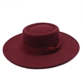 British style wine red flat top wool felt boater hat with a wide brim and ribbon bow - M (56-58cm) / Burgundy