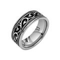 Macro view of vintage titanium steel ring with black vine patterns and beaded edges - Vintage Scroll Vine/Size 7