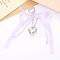 Detail of lavender plaid ribbon bow and pearl chain on a silver heart bag charm - Fabric Pearl Bow Pendant (K1841) / Purple (K1841)