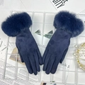 Navy blue winter gloves for women with faux fur trim and warm plush lining - One Size / Blue