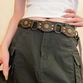 Ceinture bohème en cuir marron foncé avec disques métalliques tournesol et rivets - 24# Anneau métallique à disque tournesol marron