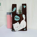 Brown knitted tote bag with white cat pattern and Happy text for daily commute - Happy Cat Caramel