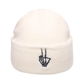 Cream white knitted beanie hat with black skull peace sign embroidery in street style - Skull Peace Gesture / White