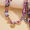 Ethnic stainless steel necklace with printed silk ribbon and gold sunflower heart charms - 9# Necklace-Pink
