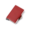 Close-up of red PU leather wallet featuring a sleek aluminum pop-up card holder mechanism - Dark Red