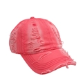 Detailed view of pink distressed baseball cap with frayed edges and torn fabric details - Adjustable / Watermelon red