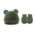 Detail of dark green knitted baby hat with bear ears and matching anti-scratch mittens - Hat And Gloves / Army Green