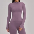 Slim fit seamless yoga set with stand collar jacket and leggings in smoky purple - Purple Mist