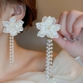 Elegant floral pearl tassel drop earrings with white petals and gold accent for women - Heavy Craft Pearl Tassel Gorgeous Earrings - White (33#)