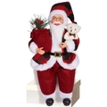 12-inch sitting Santa Claus doll in red and black buffalo plaid with gift bag and small white bear - Sitting Santa with Teddy Bear