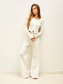 Set loungewear bianco in maglia a coste con cardigan corto e pantaloni a gamba larga - S / Bianco