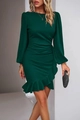 Detail of puff sleeves and ruffled hem on a dark green bodycon dress for women - S / Dark Green